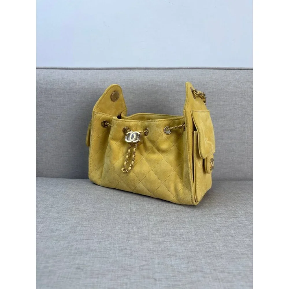 CHANEL Yellow Calfskin Drawstring Bucket Bag Mini GHW